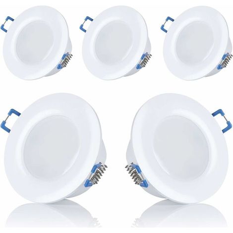 Lot de 5 spots LED, encastrables, pour salle de bain, IP44, 230 V, ultra plats, 5 W, disponibles en blanc chaud et blanc froid, ronds, blanc, pour salle de bain,Diamètre d'ouverture : 75-80mm [Classe (1/4)