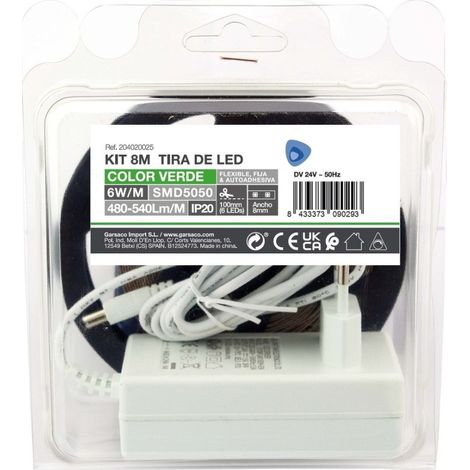 Kit de bande LED 8 m 6 W/m IP20 verte prête à l'emploi
