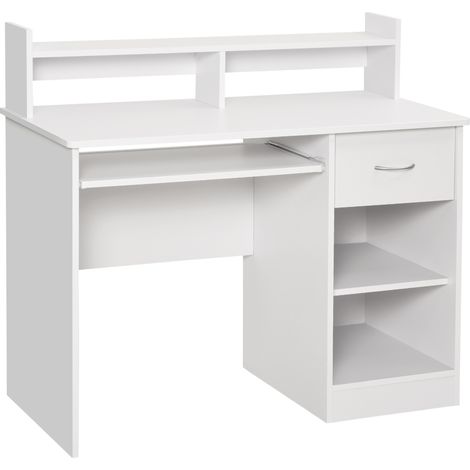 Kompakter Computertisch, weißer PC-Tisch aus Holz mit ausziehbarer Tastaturschublade und Ablagen, 104 x 48 x 95,5 cm