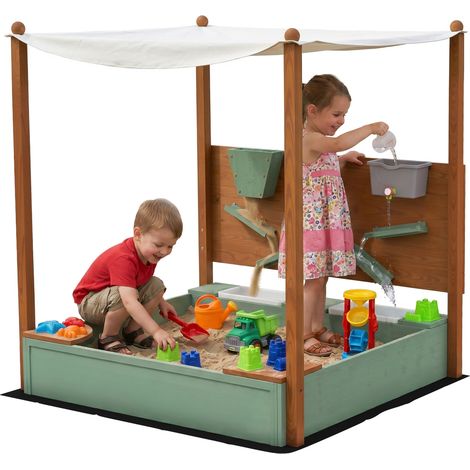 AIYAPLAY arenero para niños de madera con techo, 2 asientos, 2 cajas, grifo, embudo, para niños 3-6 años, para jardín, 116x112,5x128 cm, verde (1/5)