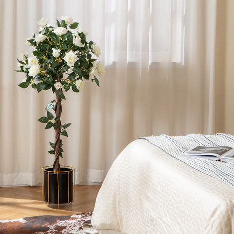 Plante Artificielle de 120cm en Pot Fausse Rosier à Fleurs avec Pot de Pépinière Roses Blanches Arbre à Fleurs Artificiel Décoration Moderne (1/3)