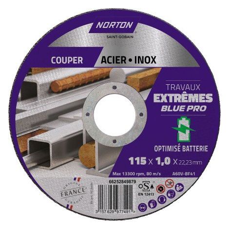 Disque à tronçonner fin pour métal/inox Norton Travaux Extremes 115 x 1 x 22,23 mm - Lot de 5