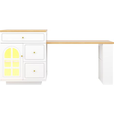 Isla de cocina extensible blanca con cajones, vitrina de vidrio y tira LED RGB HOMVRA (1/5)