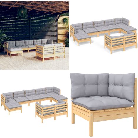 Set Divani da Giardino 9 pz con Cuscini Grigi Massello di Pino - Divano angolare - Cuscini per divano