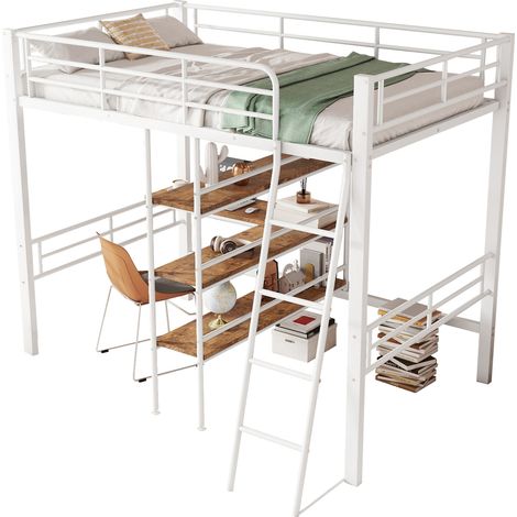 Hochbett 90 x 200 cm, Einzelbett mit Schreibtisch, Regalen, Geländer und Leiter, ohne Matratze (1/5)