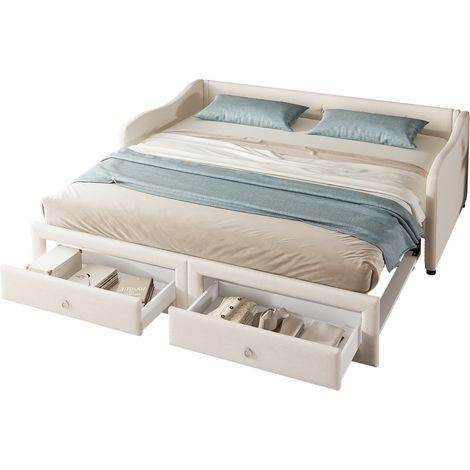 Lit banquette 90x200 avec lit gigogne et 2 tiroirs beige sans matelas