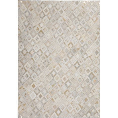 Tappeto in Pelle Dazzle Avorio e Oro con Pattern a Rombi (1/4)
