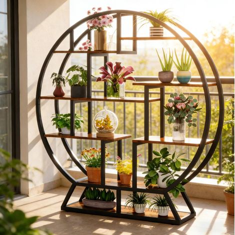 Estantería para plantas 150x30x158 cm negra y marrón rústico en metal y madera con diseño geométrico (1/5)