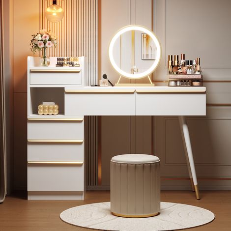 Tocador de aglomerado blanco con espejo LED, 6 cajones y tablero extensible (1/5)