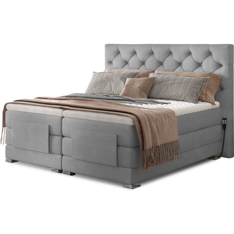 Lit continental électrique velours gris clair avec matelas et surmatelas Karmen-160x200 (1/5)