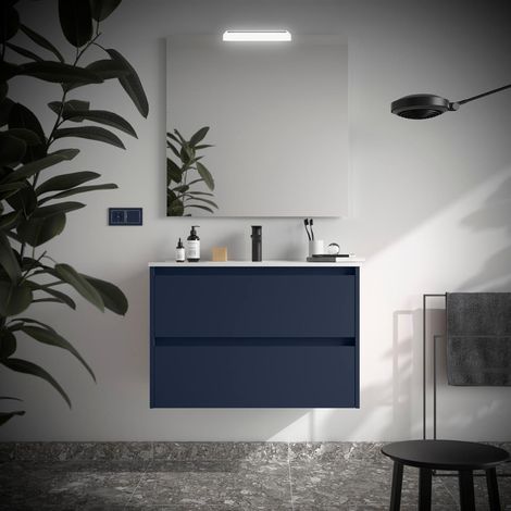 Meubles de salle de bains NOJA 900 2 tiroirs BLUE SATIN + meuble vasque + miroir (1/2)