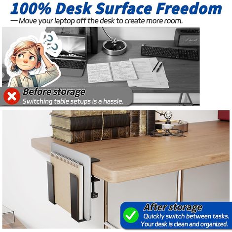 Support pour ordinateur portable JeiibrZui avec pince - Support de bureau réglable jusqu'à 38 mm - Acier inoxydable - Installation sans perçage - (1/5)
