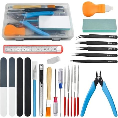 BGTXINGI Ensemble de 28 pièces d'outils base pour modélisme Gundam avec boîte en plastique - Kit modèles réduits, assemblage, réparation et bricolage
