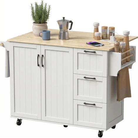 Îlot Central Cuisine avec Plateau Rabattable 2 Prises et 2 Ports USB Desserte de Cuisine sur Roulettes 3 Tiroirs Blanc (1/5)