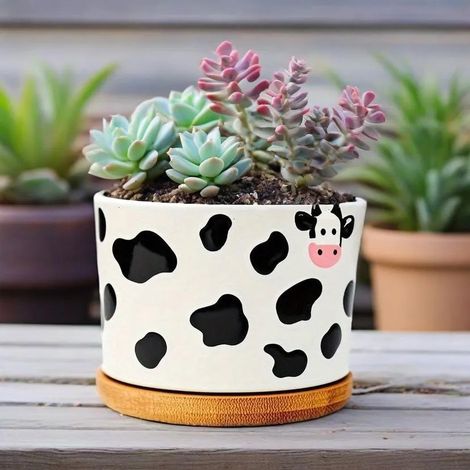Pot de fleurs en céramique avec soucoupe, motif vache, décoration (1/5)
