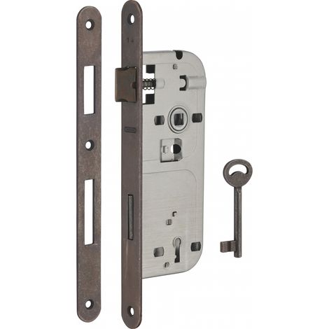 Serratura Patent da incasso 90mm x 40mm, reversibile, piastra tonda, richiamo 1/2 giro, 1 chiave, bronzo - THIRARD