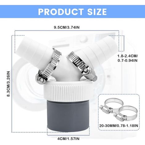 Y-Adapter für Doppelablauf von Waschmaschine, Geschirrspüler und Trockner, DN40 Auslass Ø40 mm 1½", Einlass 18–24 mm, mit 2 Edelstahlklemmen 20–32 mm, für Siphon (1/5)