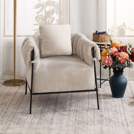 Fauteuil 82x75x72,5 cm en velours côtelé beige et métal noir