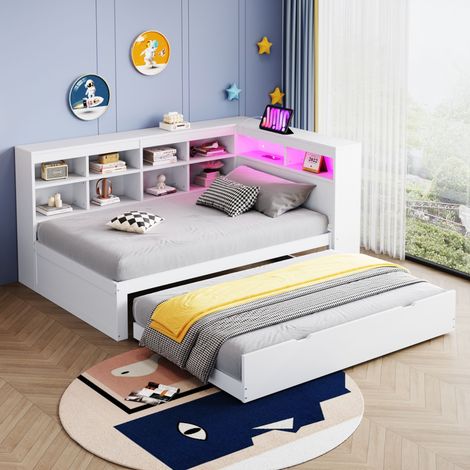 Lit gigogne banquette 90x200 cm en bois massif blanc avec LED, USB, étagères et rangement, sommier à lattes inclus, lit extensible 90x190 cm, sans matelas (1/5)