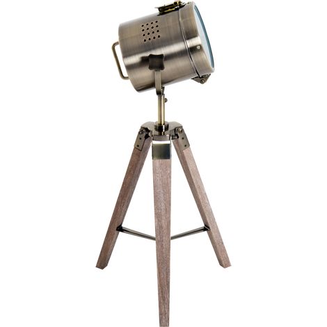 Vintage tripod table lamp, bedside lamp, brass vintage searchlight, wooden base (1/5)