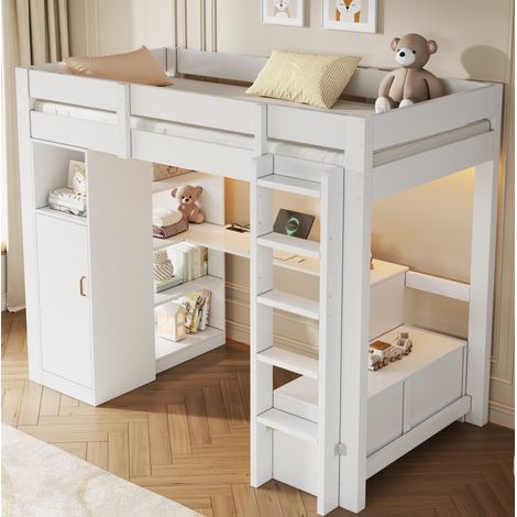 Cama alta 90 x 200 cm con armario, escritorio, estantes, LED y USB blanco OKMYHOME (1/5)