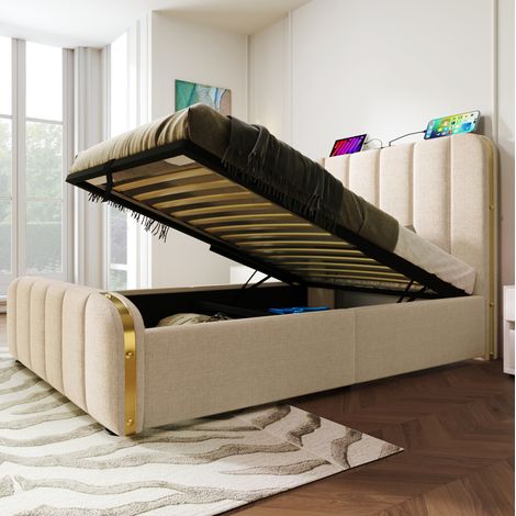 Cama tapizada 90/200 cm beige de lino con almacenaje hidráulico y USB-C (1/5)