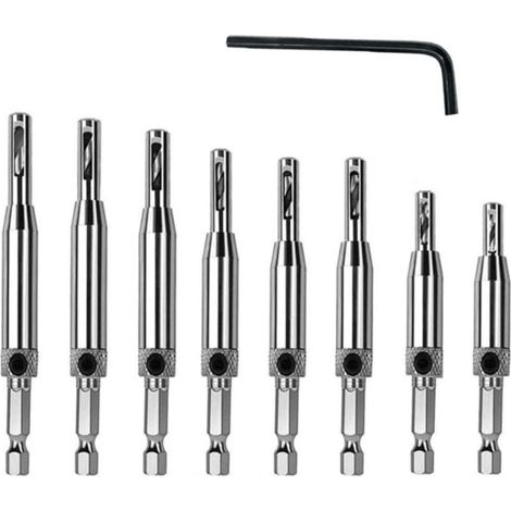 Foret Autocentreur - Lot de 8 outillage menuiserie HSS charnières à centrage pour Door Cabinet Pilotes,Souvent Utilisés pour les Charpentiers, ébénistes, Fabricants de Meuble et Autres Métiers du Bois (1/5)