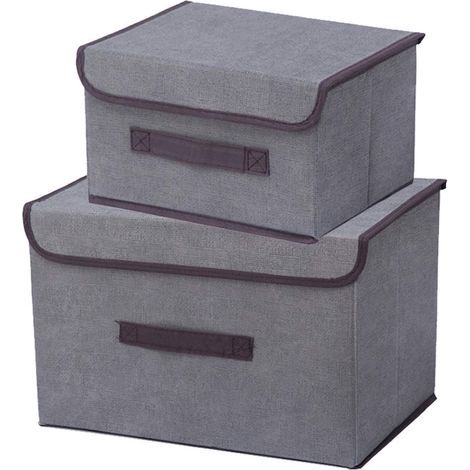 Panier de rangement pliable, lot de 2 bacs de rangement avec couvercle et poignée pour ranger vêtements, jouets, livres, chambre, armoire, vêtements, étagère de bureau (gris) (1/4)