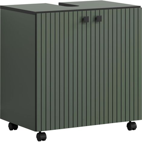 Meuble sous-lavabo sur roulettes - Vert - Aspect rainuré - 1 étagère - 60 x 64 x 42 cm - Poignées métalliques élégantes (1/5)
