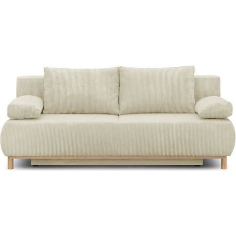 Canapé convertible 3 places velours côtelé beige – Coffre de rangement – L192 x H84 x P93 cm – Couchage 140 x 190 cm (1/8)