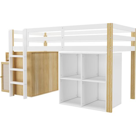 Lit mezzanine pour enfant, lit multifonctionnel pour enfant, lit simple pour enfant, avec 2 armoires de rangement et échelle, sans matelas, 90 x 200 cm, naturel + blanc (1/5)