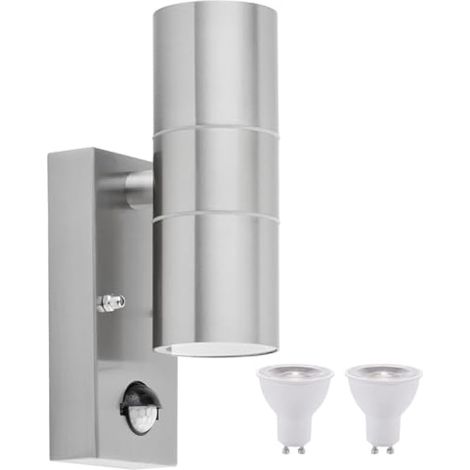 Applique Murale Exterieur Detecteur de Mouvement mit 2x GU10 Ampoule,Up down IP65 Etanche Argent Acier inoxydable luminaire exterieur (1/5)