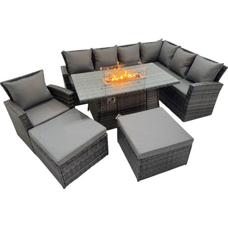 Fimous Outdoor Furniture Garden Dining Set Rattan Corner Sofa Chair Set Gas Fire Pit Table with Temper Glass 2 Big Footstools Dark Grey Mixed (1/5)