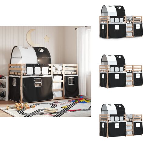 Etagenbett mit Vorhängen Weiß Schwarz 90x200 cm Kiefernholz - Kinderzimmermöbel - Etagenbett - Hochbett - Jugendzimmer - Bunk Bed (1/5)