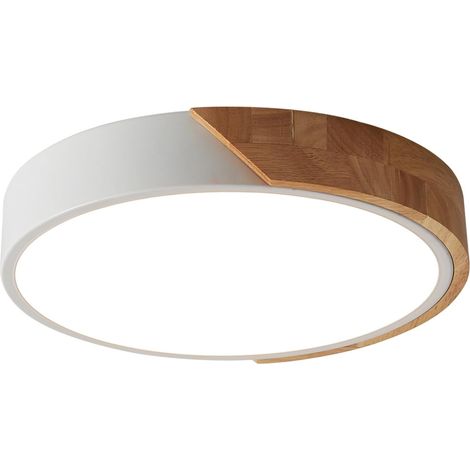 LED Plafonniers, Luminaire Moderne Blanc Plafonnier Bois, Plafonnier Rond en Bois, 18W, Ø30cm, 5cm de hauteur, Lumière plafond en 6500K Blanc Froid [Classe énergétique E]