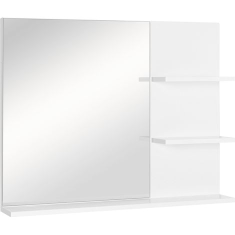 Miroir de salle de bain avec 3 étagères, miroir mural, miroir de salle de bain, étagère à miroir pour salle de bain, blanc, 60 x 10 x 48 cm