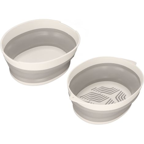 Égouttoir pliable à double couche, petit modèle gris et blanc, pour fruits et légumes, idéal pour la cuisine et l'extérieur. (1/5)