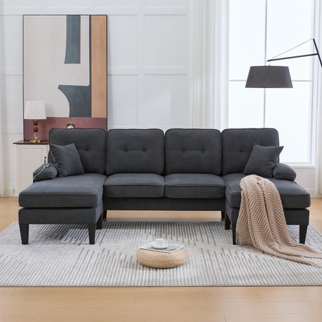 Grand canapé 4 places en U en tissu lin doux, dossier moderne, deux méridiennes, pieds stables et coussins moelleux avec coussins décoratifs, élégant pour tout salon, gris foncé