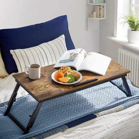 Songmics – Table de lit pour ordinateur portable jusqu’à 14,3 pouces – Plateau inclinable 5 positions – Pieds réglables – Tiroir de rangement – Marron foncé rustique (1/5)