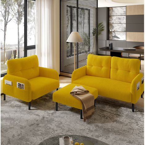 Sofa-Set 120/75/79 cm in Gelb aus Cord mit Sessel und Hocker, weich gepolstert und flexibel (1/5)