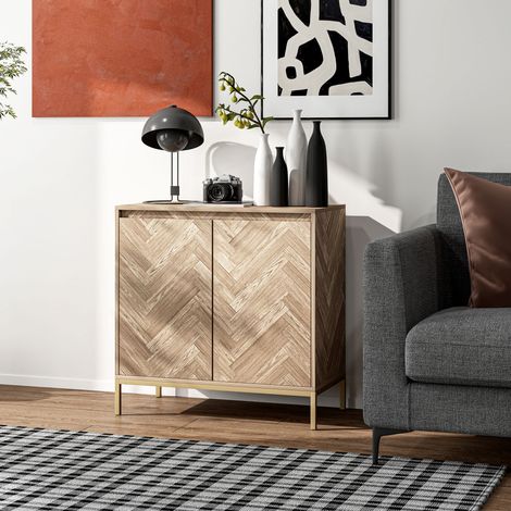 Meuble de rangement buffet avec 2 portes à chevrons, étagère réglable et pieds en acier, dim. 78 x 40 x 78 cm, chêne