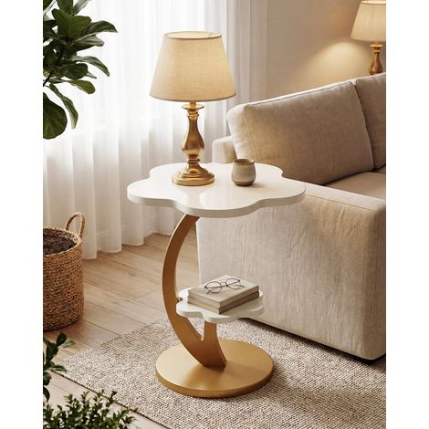 Tribesigns Table d'appoint à 2 niveaux - Table de chevet florale avec cadre doré en forme de C - Table d'accentuation moderne de luxe pour salon, chambre à coucher, petits espaces - Doré + blanc (1 (1/5)