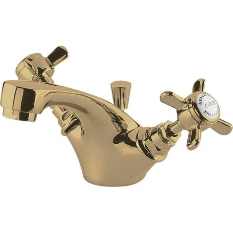Traditional Bathroom Crosshead Mono Basin Mixer Tap with Pop-Up Waste - Brushed Brass (1/4)