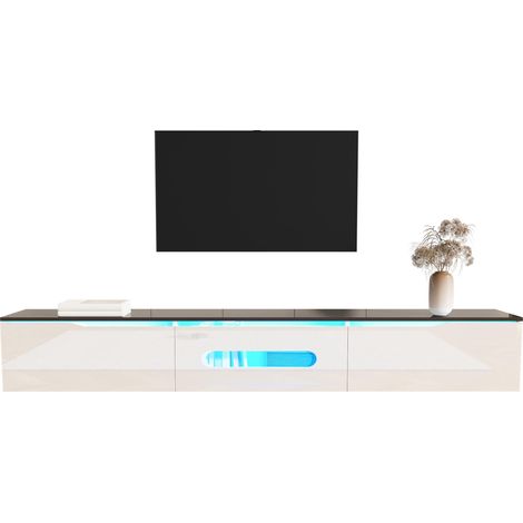 Meuble TV noir et blanc, 180 cm de long, finition brillante, avec éclairage LED 16 couleurs, fixation murale