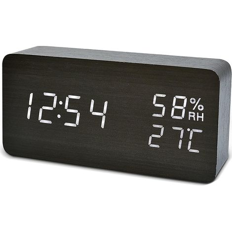 Réveil numérique LED Pxcl avec date, humidité et température, aspect bois, noir (1/5)