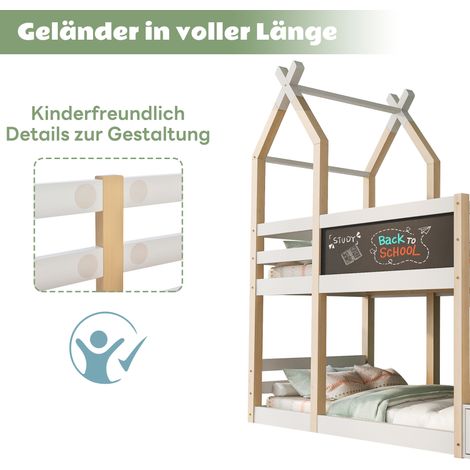 Lit mezzanine enfant 90x200, cabane arbre avec ardoise, rangements et barrière sécurité, bois naturel et blanc, 2 sommiers inclus, sans matelas, style treehouse (1/5)