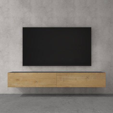doporro Mueble de TV para Salón 200x40,2x30cm Mesa TV con Puerta Abatible hacia Abajo, en Gris Negro Mate + Marrón Claro, Mueble de TV flotante, Estante TV 02 (1/5)