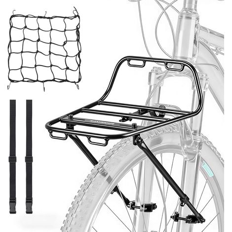 Porte-bagages avant réglable pour vélo de montagne de 22 à 29 pouces, en alliage d'aluminium, capacité de 10 kg, 2 méthodes d'installation pour VTT, vélo de route avec filet et corde (1/5)