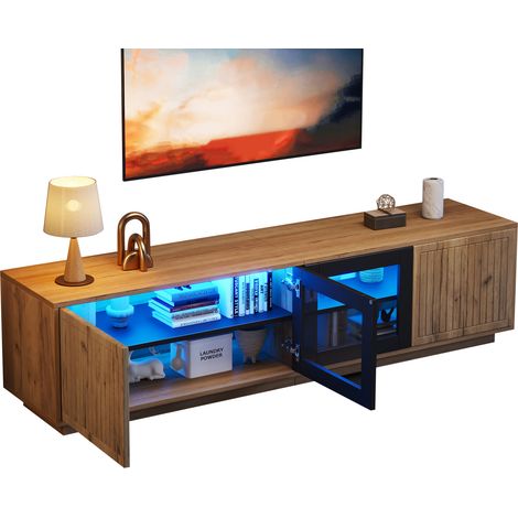 Meuble TV 180 cm freestanding avec 4 portes, vitrines en verre trempé, LED contrôlées par app, pour écran jusqu'à 75 pouces – CHICFURN (1/5)