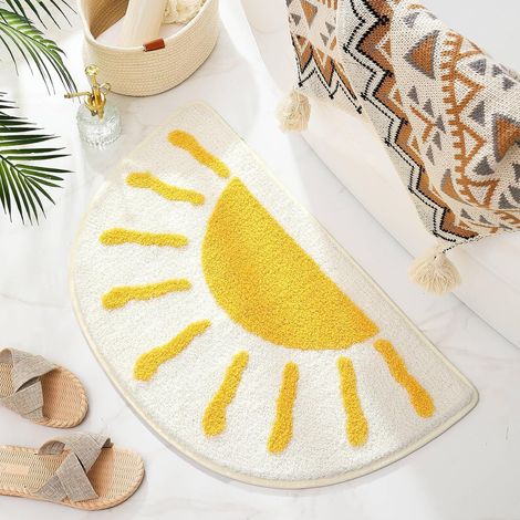 Tapis de bain demi-cercle - Tapis de bain de soleil bohème en blanc et jaune - Antidérapant, doux et absorbant en microfibre - Lavable en machine - Avec dos en caoutchouc - Pour salle de bain, WC (1/5)